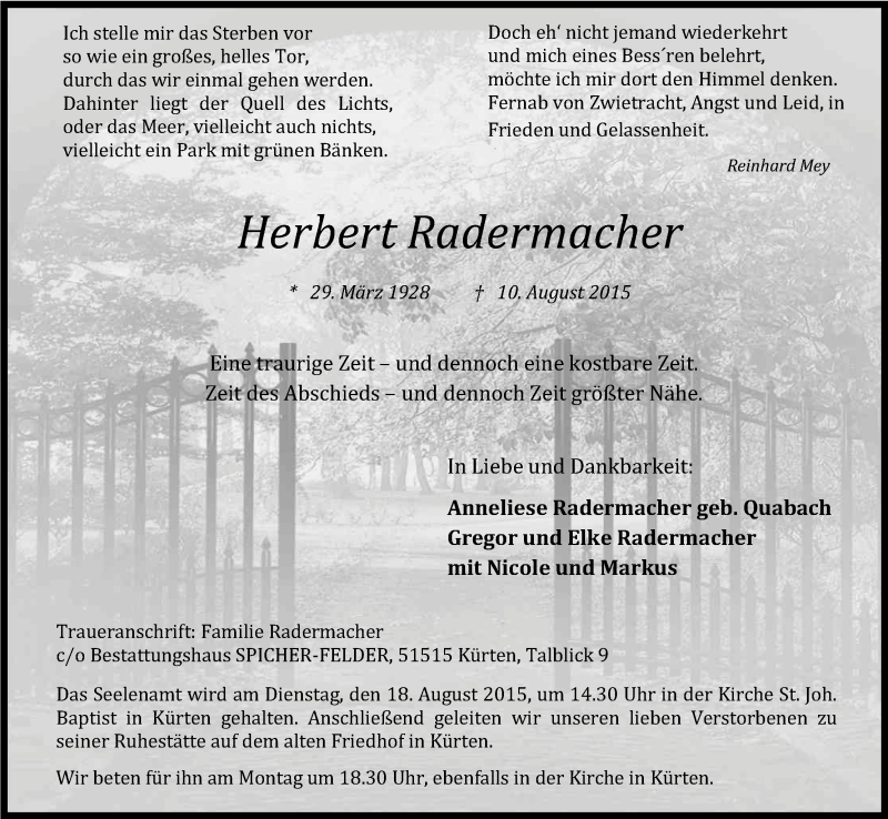  Traueranzeige für Herbert Radermacher vom 13.08.2015 aus Kölner Stadt-Anzeiger / Kölnische Rundschau / Express
