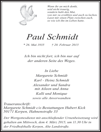 Anzeige von Paul Schmidt von  Sonntags-Post 