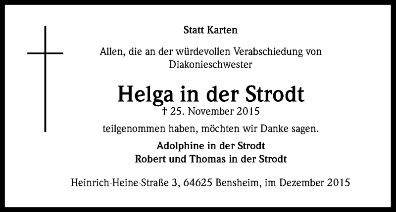  Traueranzeige für Helga in der Strodt vom 11.12.2015 aus Kölner Stadt-Anzeiger / Kölnische Rundschau / Express