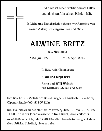 Anzeige von Alwine Britz von Kölner Stadt-Anzeiger / Kölnische Rundschau / Express