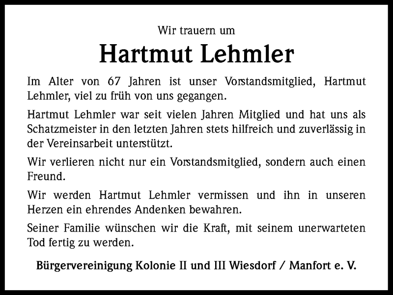  Traueranzeige für Hartmut Lehmler vom 15.07.2015 aus Kölner Stadt-Anzeiger / Kölnische Rundschau / Express