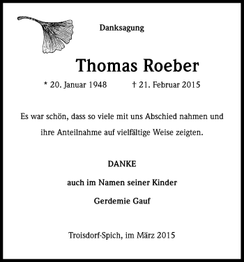 Anzeige von Thomas Roeber von Kölner Stadt-Anzeiger / Kölnische Rundschau / Express