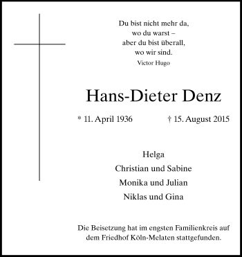 Anzeige von Hans-Dieter Denz von Kölner Stadt-Anzeiger / Kölnische Rundschau / Express
