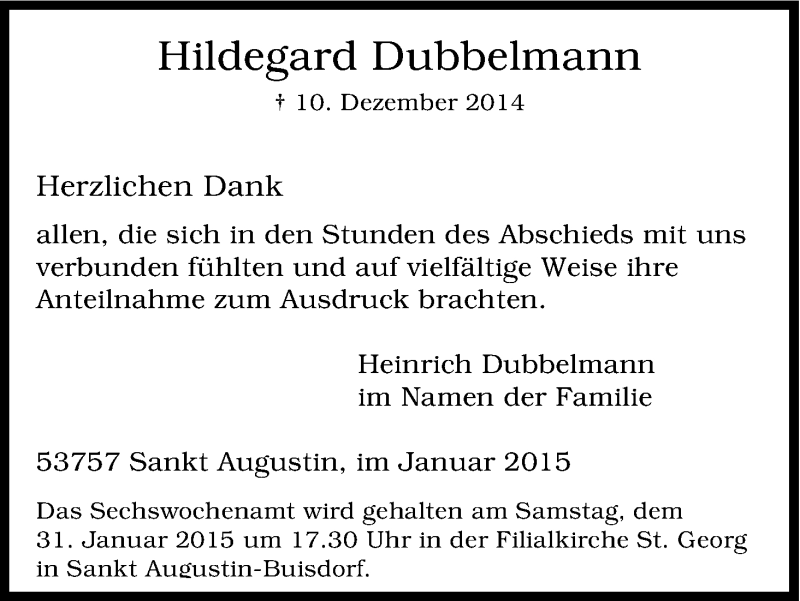  Traueranzeige für Hildegard Dubbelmann vom 17.01.2015 aus Kölner Stadt-Anzeiger / Kölnische Rundschau / Express