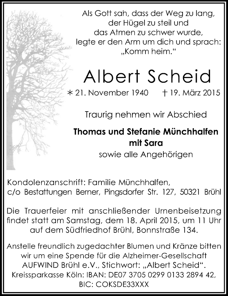  Traueranzeige für Albert Scheid vom 15.04.2015 aus Kölner Stadt-Anzeiger / Kölnische Rundschau / Express