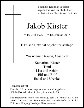 Anzeige von Jakob Küster von Kölner Stadt-Anzeiger / Kölnische Rundschau / Express