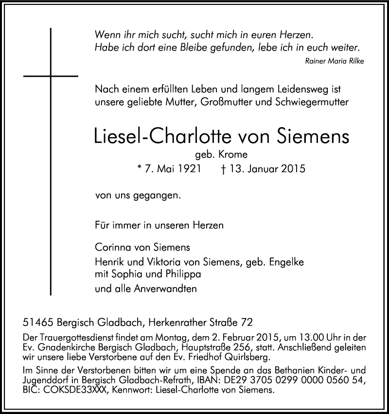  Traueranzeige für Liesel-Charlotte von Siemens vom 24.01.2015 aus Kölner Stadt-Anzeiger / Kölnische Rundschau / Express