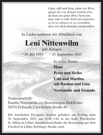 Anzeige von Leni Nittenwilm von  Werbepost 