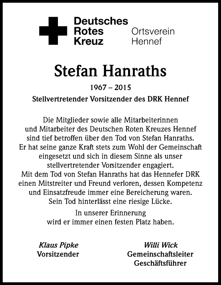  Traueranzeige für Stefan Hanraths vom 04.11.2015 aus Kölner Stadt-Anzeiger / Kölnische Rundschau / Express