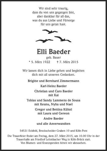 Anzeige von Elli Baeder von  Kölner Wochenspiegel 