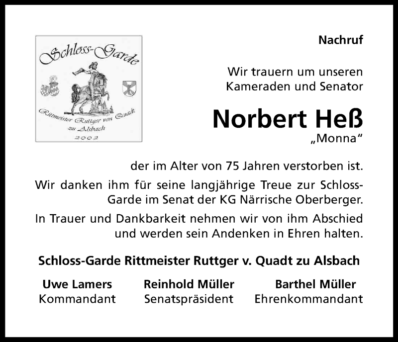  Traueranzeige für Norbert Heß vom 13.11.2015 aus Kölner Stadt-Anzeiger / Kölnische Rundschau / Express