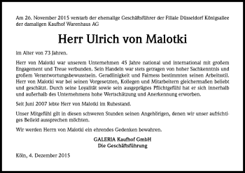 Anzeige von Ulrich  von Malotki von Kölner Stadt-Anzeiger / Kölnische Rundschau / Express