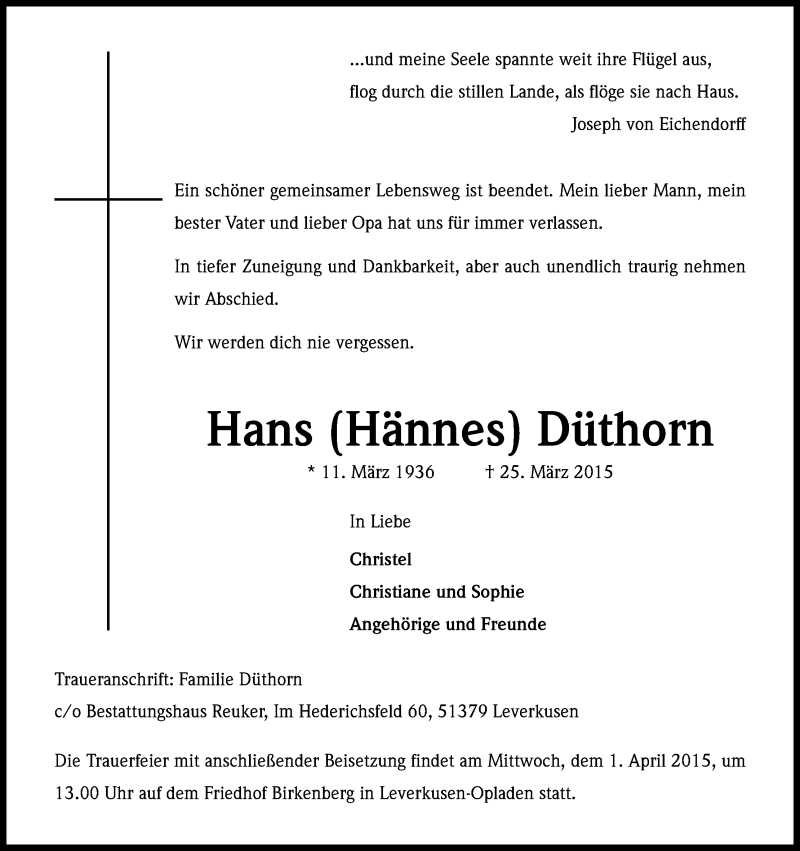  Traueranzeige für Hans Düthorn vom 28.03.2015 aus Kölner Stadt-Anzeiger / Kölnische Rundschau / Express