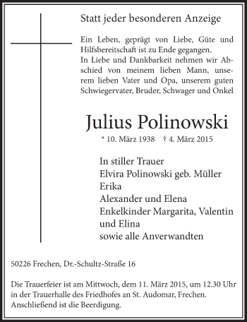 Anzeige von Julius Polinowski von  Sonntags-Post 