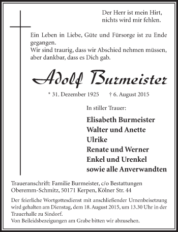 Anzeige von Adolf Burmeister von  Sonntags-Post 