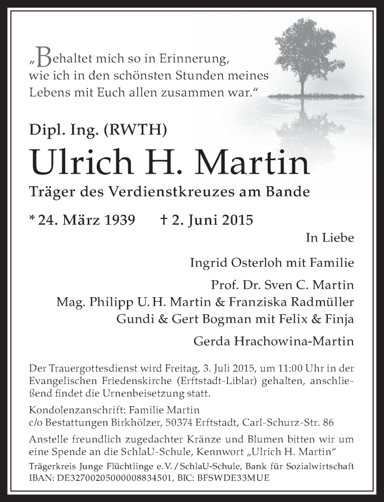  Traueranzeige für Ulrich Martin vom 24.06.2015 aus  Wochenende  Werbepost 