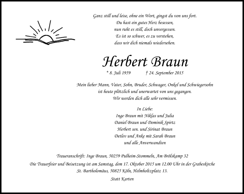  Traueranzeige für Herbert Braun vom 10.10.2015 aus Kölner Stadt-Anzeiger / Kölnische Rundschau / Express