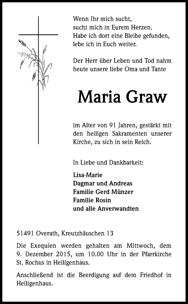  Traueranzeige für Maria Graw vom 05.12.2015 aus Kölner Stadt-Anzeiger / Kölnische Rundschau / Express