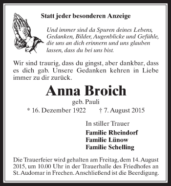 Anzeige von Anna Broich von  Wochenende 