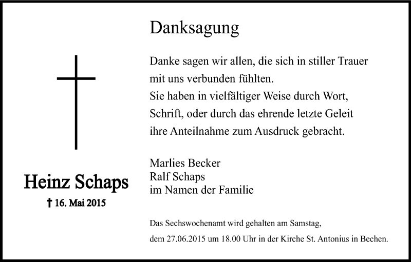  Traueranzeige für Heinz Schaps vom 20.06.2015 aus Kölner Stadt-Anzeiger / Kölnische Rundschau / Express