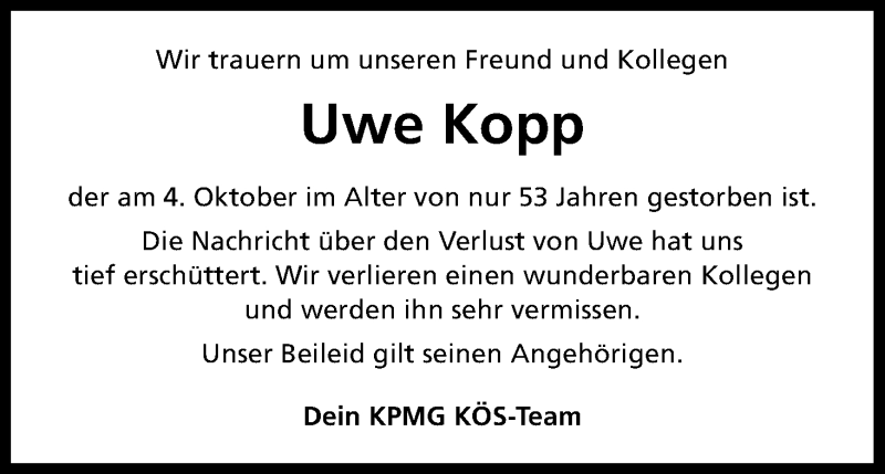  Traueranzeige für Uwe Kopp vom 10.10.2015 aus Kölner Stadt-Anzeiger / Kölnische Rundschau / Express