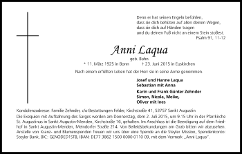 Anzeige von Anni Laqua von Kölner Stadt-Anzeiger / Kölnische Rundschau / Express