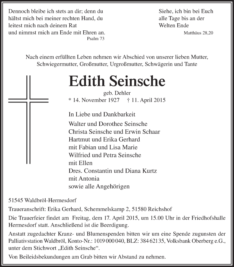  Traueranzeige für Edith Seinsche vom 15.04.2015 aus  Lokalanzeiger 