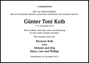 Anzeige von Günter Toni Kolb von Kölner Stadt-Anzeiger / Kölnische Rundschau / Express