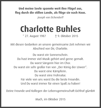 Anzeige von Charlotte Buhles von Kölner Stadt-Anzeiger / Kölnische Rundschau / Express