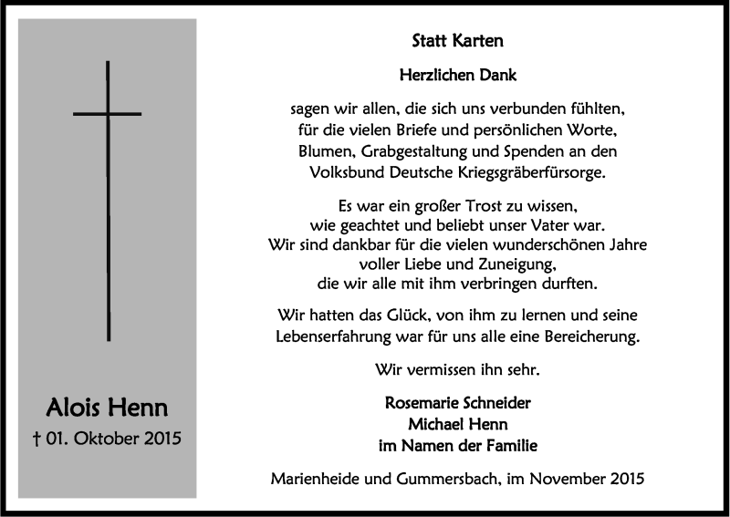  Traueranzeige für Alois Henn vom 28.11.2015 aus Kölner Stadt-Anzeiger / Kölnische Rundschau / Express