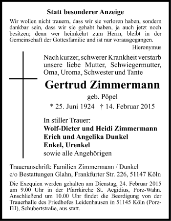 Anzeige von Gertrud Zimmermann von Kölner Stadt-Anzeiger / Kölnische Rundschau / Express