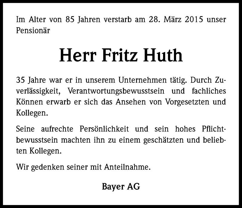  Traueranzeige für Fritz Huth vom 08.04.2015 aus Kölner Stadt-Anzeiger / Kölnische Rundschau / Express