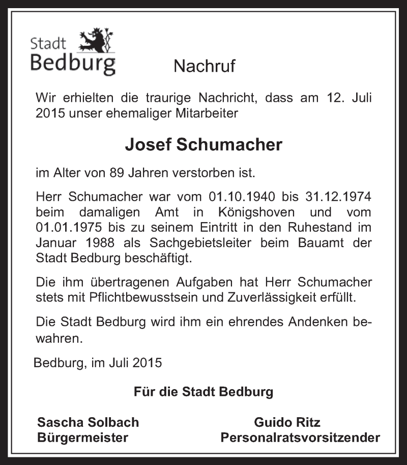  Traueranzeige für Josef Schumacher vom 29.07.2015 aus  Werbepost 