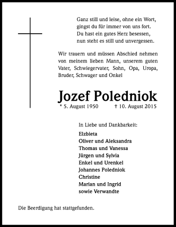 Anzeige von Jozef Poledniok von Kölner Stadt-Anzeiger / Kölnische Rundschau / Express
