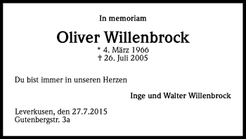 Anzeige von Oliver Willenbrock von Kölner Stadt-Anzeiger / Kölnische Rundschau / Express
