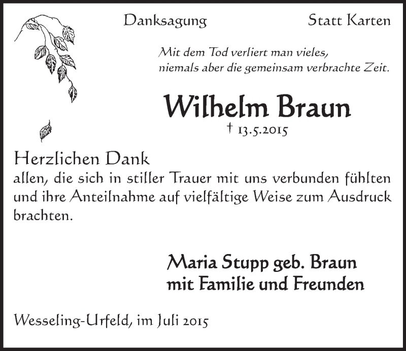  Traueranzeige für Wilhelm Braun vom 29.07.2015 aus  Schlossbote/Werbekurier 