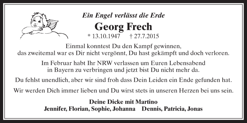  Traueranzeige für Georg Frech vom 05.08.2015 aus  Werbepost 