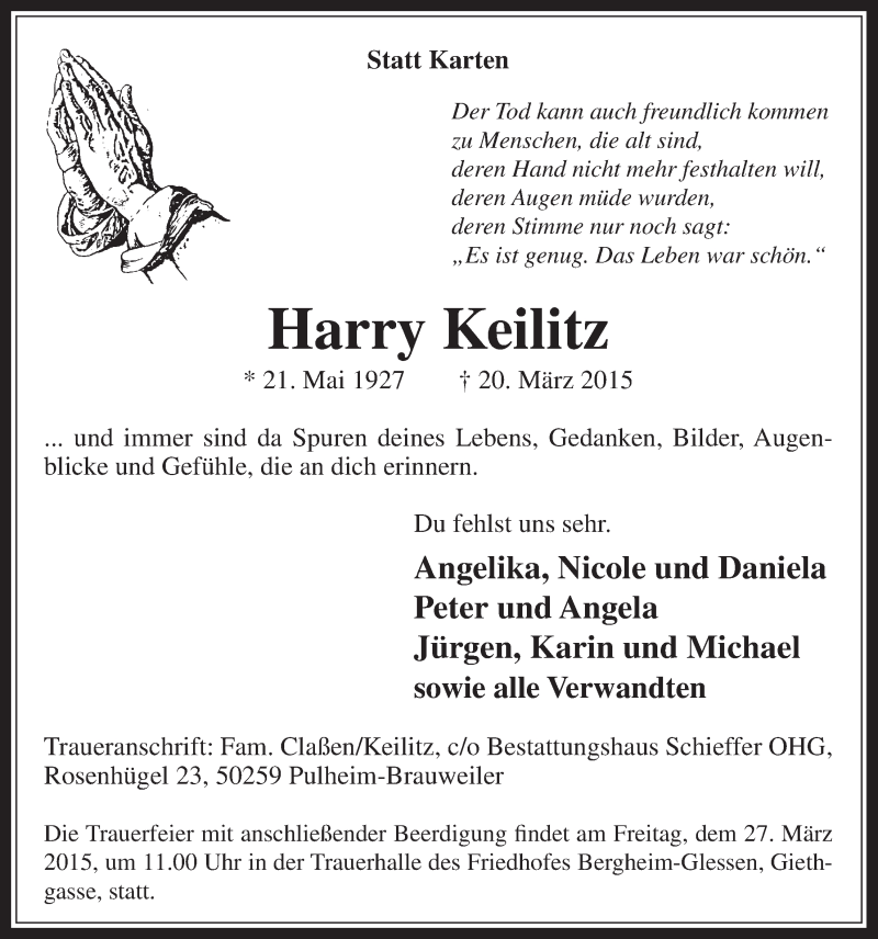  Traueranzeige für Harry Keilitz vom 25.03.2015 aus  Werbepost 