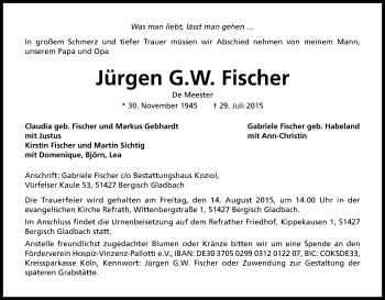 Anzeige von Jürgen  Fischer von Kölner Stadt-Anzeiger / Kölnische Rundschau / Express