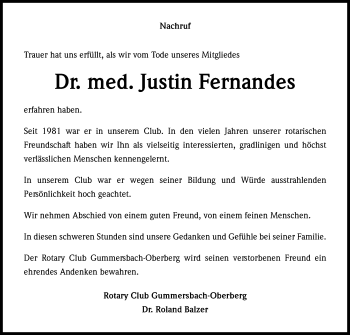 Anzeige von Justin Fernandes von Kölner Stadt-Anzeiger / Kölnische Rundschau / Express