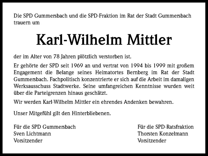  Traueranzeige für Karl-Wilhelm Mittler vom 31.07.2015 aus Kölner Stadt-Anzeiger / Kölnische Rundschau / Express