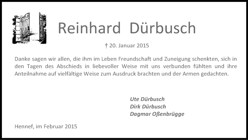  Traueranzeige für Reinhard Dürbusch vom 07.03.2015 aus Kölner Stadt-Anzeiger / Kölnische Rundschau / Express