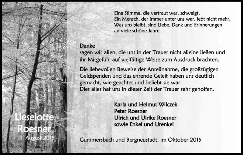  Traueranzeige für Lieselotte Roesner vom 31.10.2015 aus Kölner Stadt-Anzeiger / Kölnische Rundschau / Express