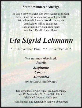 Anzeige von Uta Sigrid Lehmann von  Kölner Wochenspiegel 