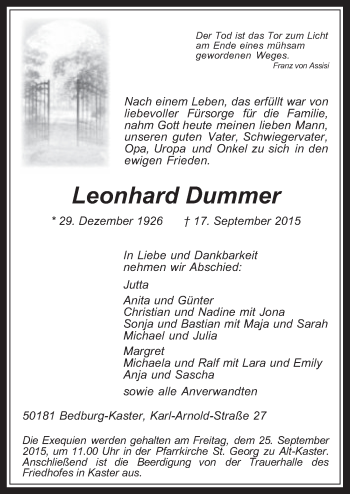 Anzeige von Leonhard Dummer von  Werbepost 
