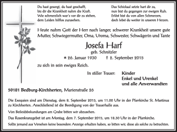 Anzeige von Josefa Harf von  Sonntags-Post 