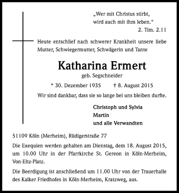Anzeige von Katharina Ermert von Kölner Stadt-Anzeiger / Kölnische Rundschau / Express