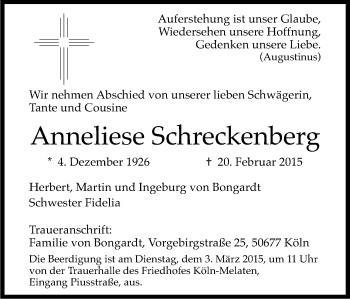 Anzeige von Anneliese Schreckenberg von Kölner Stadt-Anzeiger / Kölnische Rundschau / Express