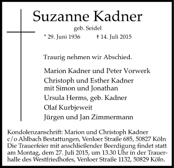 Anzeige von Suzanne Kadner von Kölner Stadt-Anzeiger / Kölnische Rundschau / Express