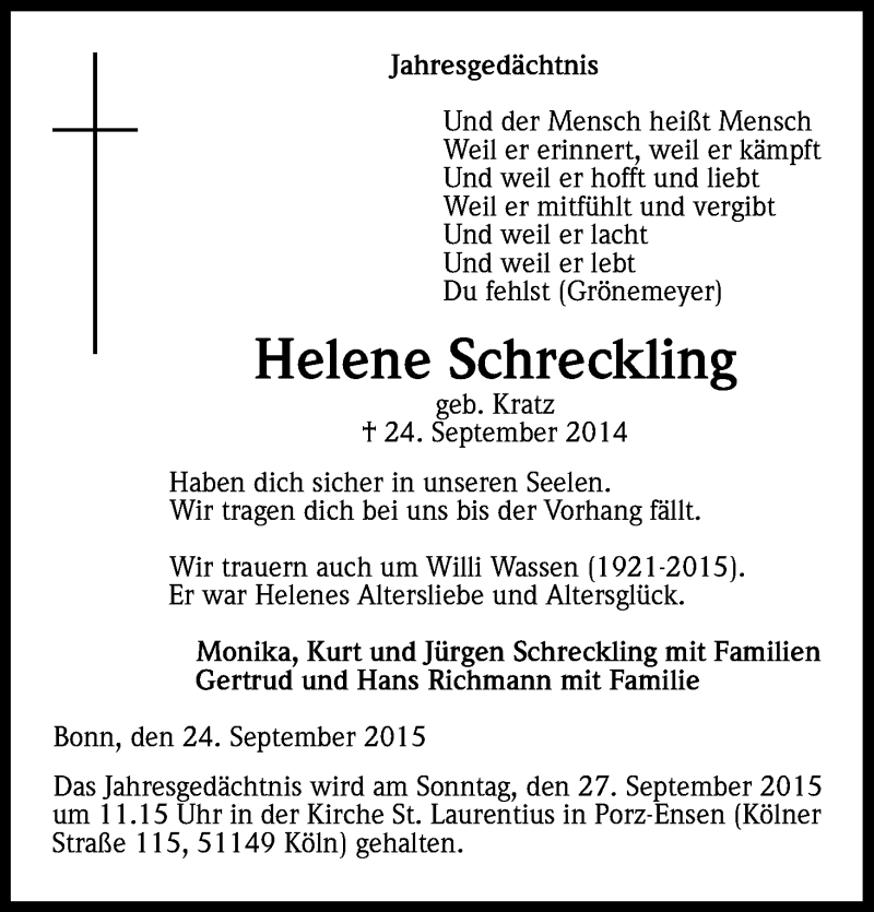  Traueranzeige für Helene Schreckling vom 24.09.2015 aus Kölner Stadt-Anzeiger / Kölnische Rundschau / Express